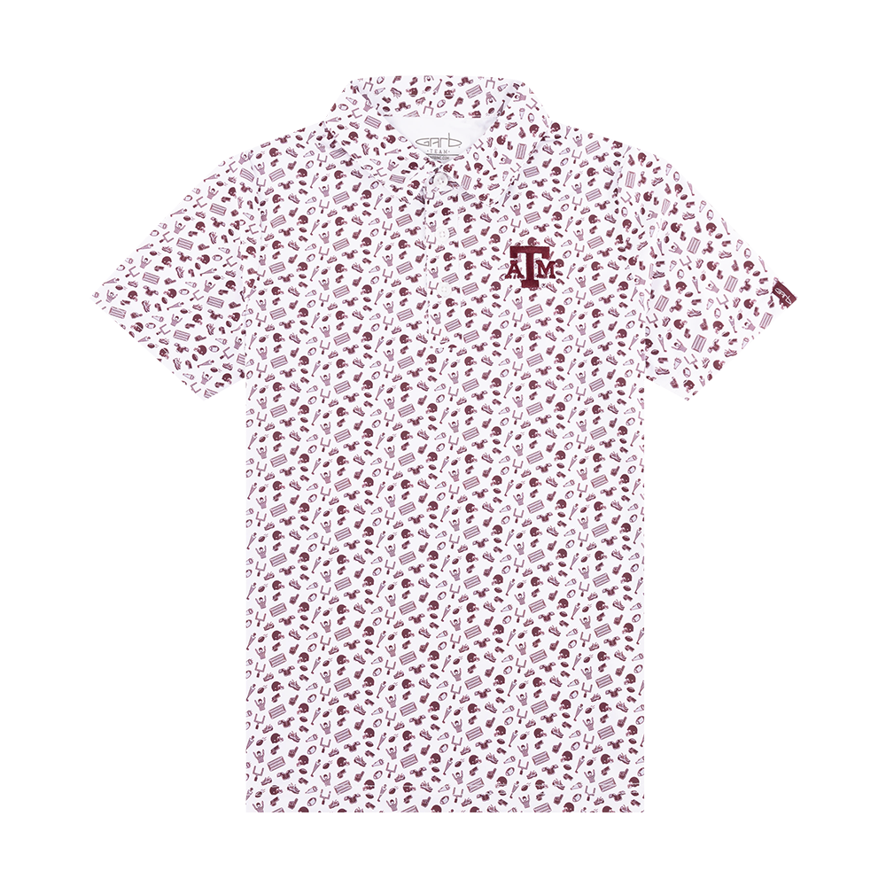 Polo with football designs all over it in maroon and the Texas A&M logo embroidered on the upper left chest.