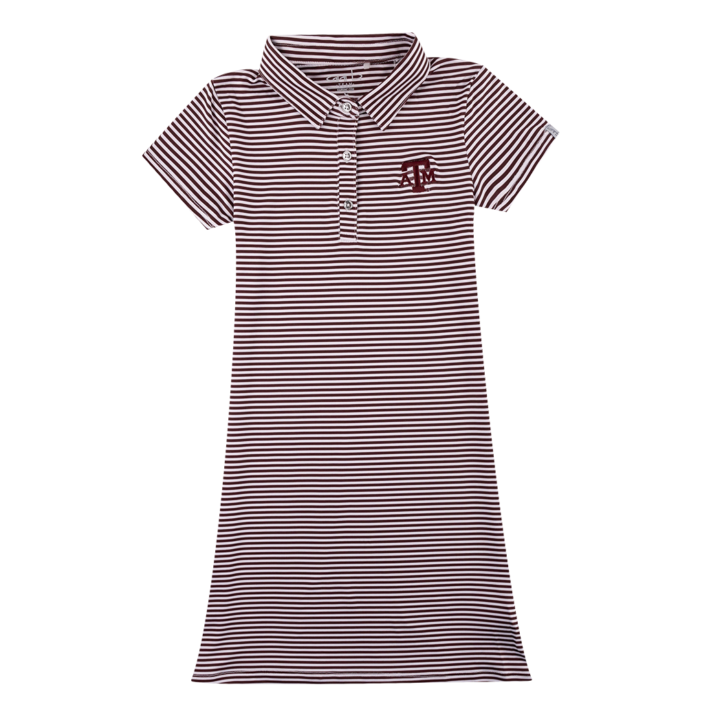 Maroon and white polo youth dress with maroon ATM logo on left side of the chest