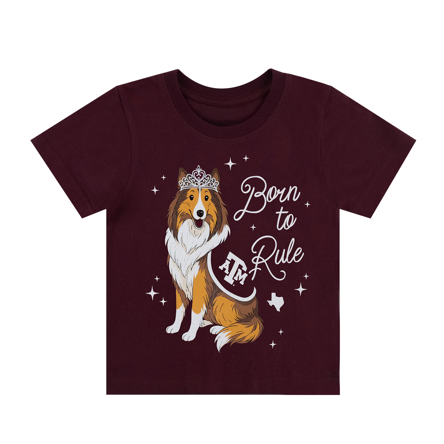Maroon youth t-shirt featuring Reveille wearing a tiara, with 'Born to Rule' in white script and a Texas A&M logo, sparkle accents, and a small Texas state outline.