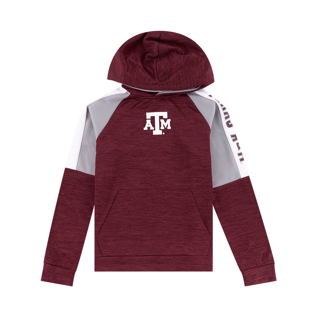 Maroon hoodie with white and gray sleeves and "Texas A&M" down one sleeve in maroon. White ATM logo on the front.