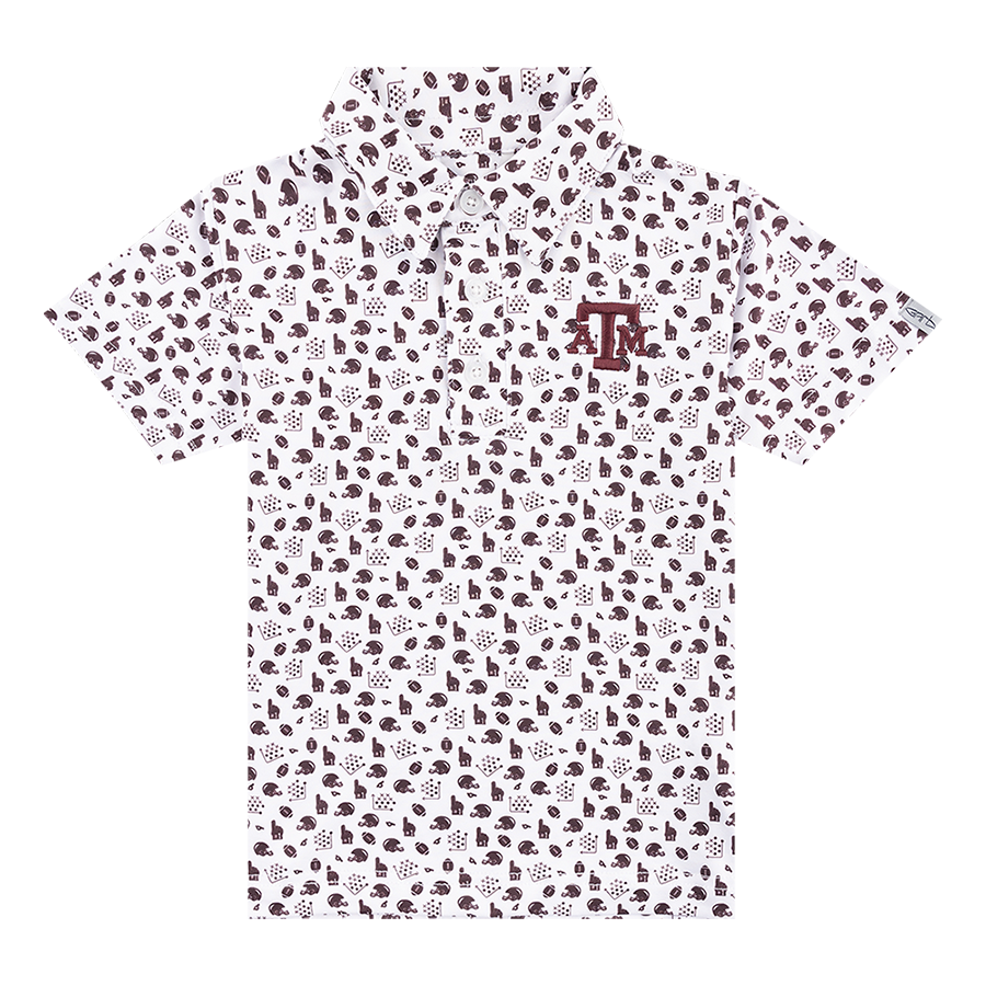 White youth polo with maroon helmet design. Maroon ATM logo on left side of chest