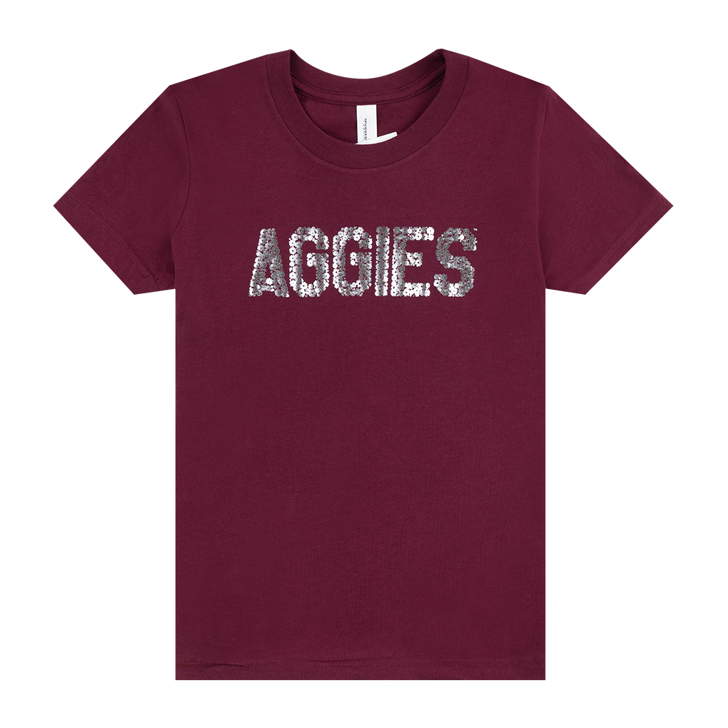 Maroon tee with "Aggies" in silver foil flowers