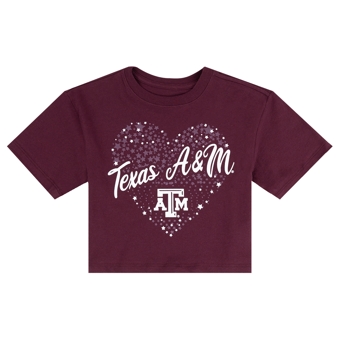 Maroon cropped tee with "Texas A&M" in white on a background of a heart made out of stars