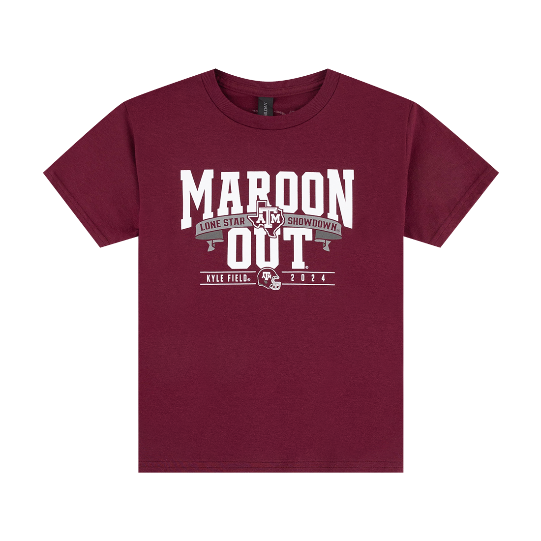 Maroon t-shirt with white text and graphics