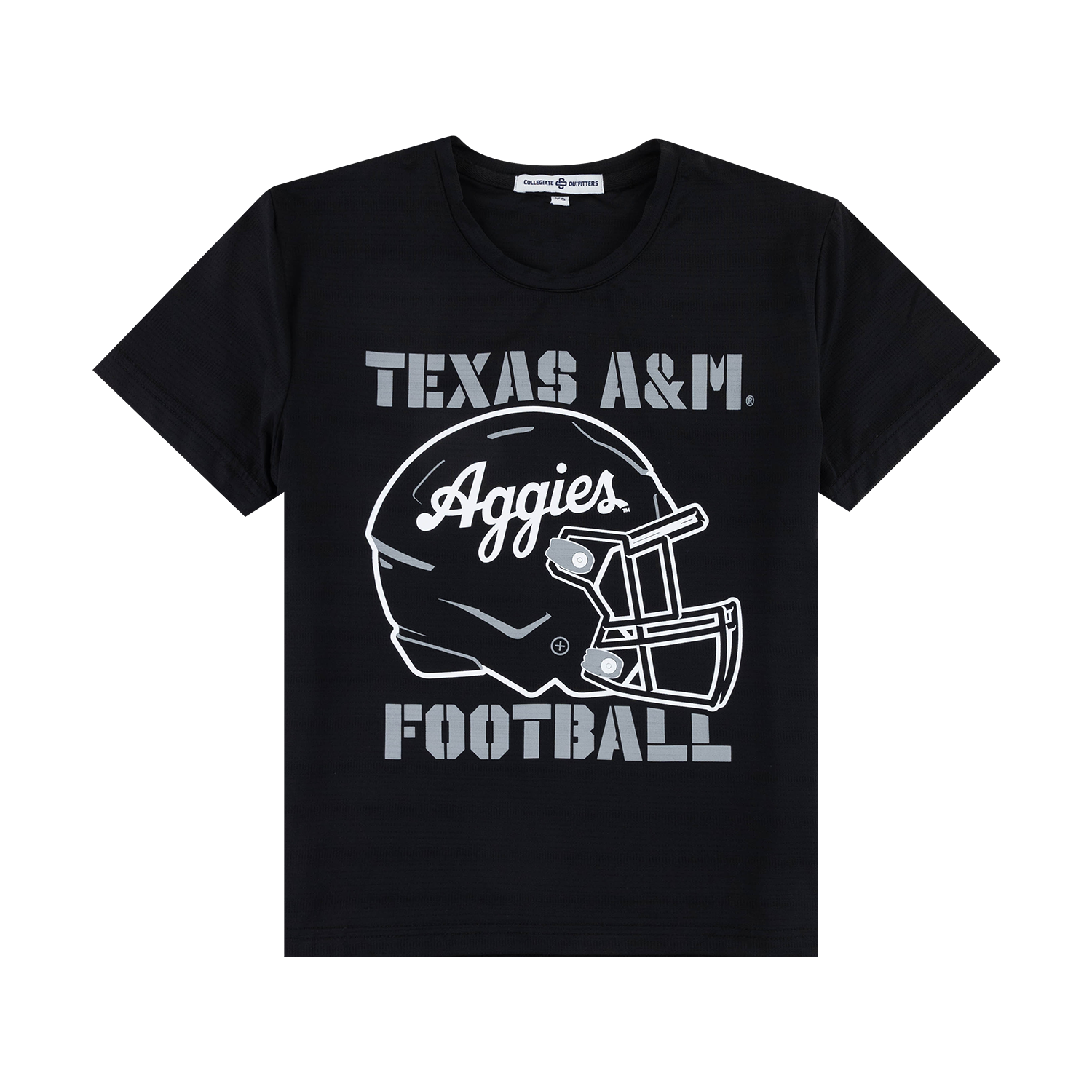 Texas A&M Aggies football graphic youth T-shirt in black with a white football helmet design and Texas A&M lettering.