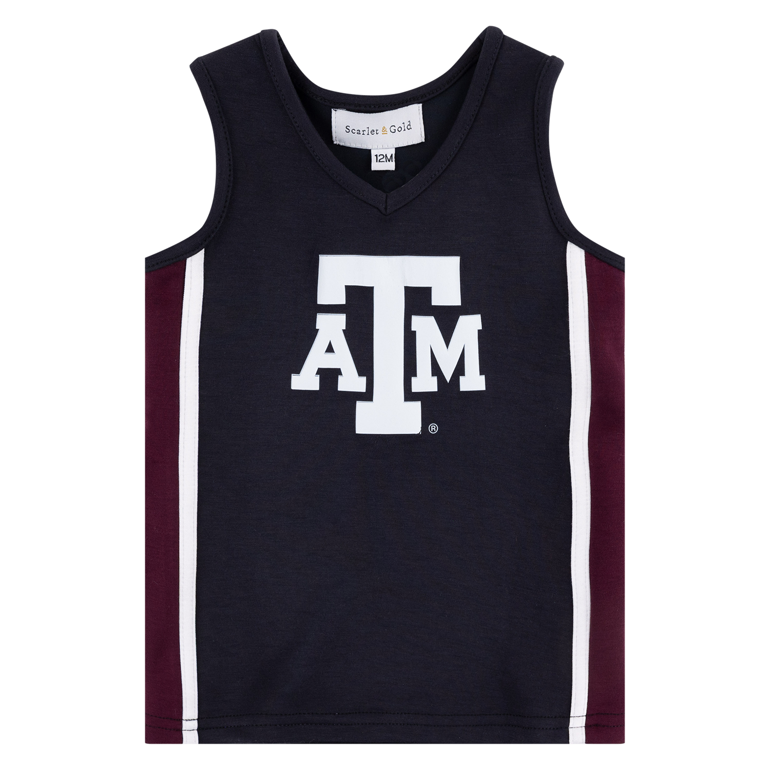 A sleeveless V-neck cheerleader style dress for kids in black, featuring a large white 'A&M' logo on the front and maroon side panels with white vertical stripes.