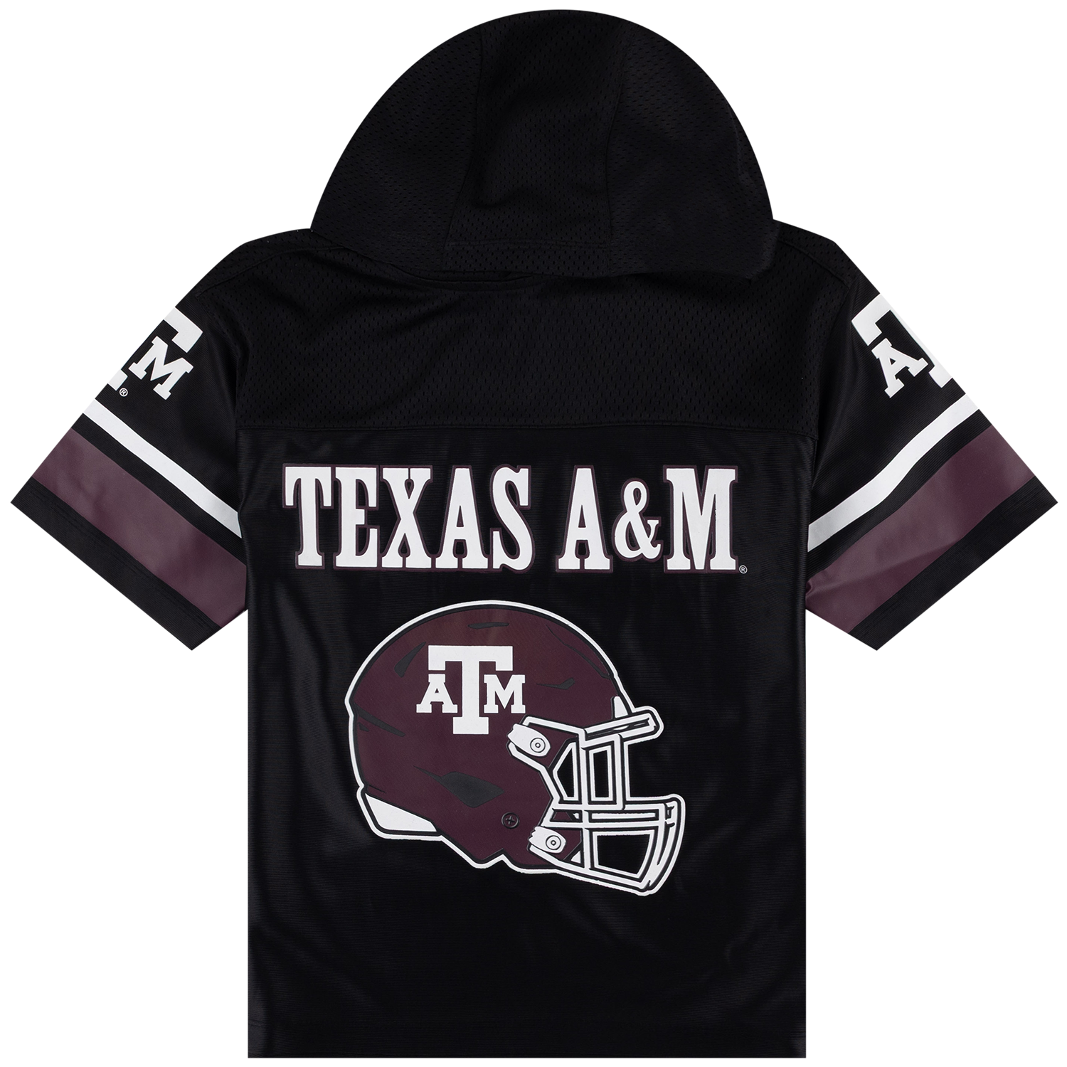 Black Texas A&M University hooded jersey with white 'TEXAS A&M' text, a maroon and white football helmet graphic, and white sleeve lettering on a white background.
