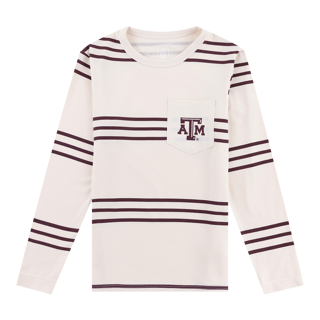 Off-white and maroon striped long sleeve with maroon ATM logo on the left side of the chest.