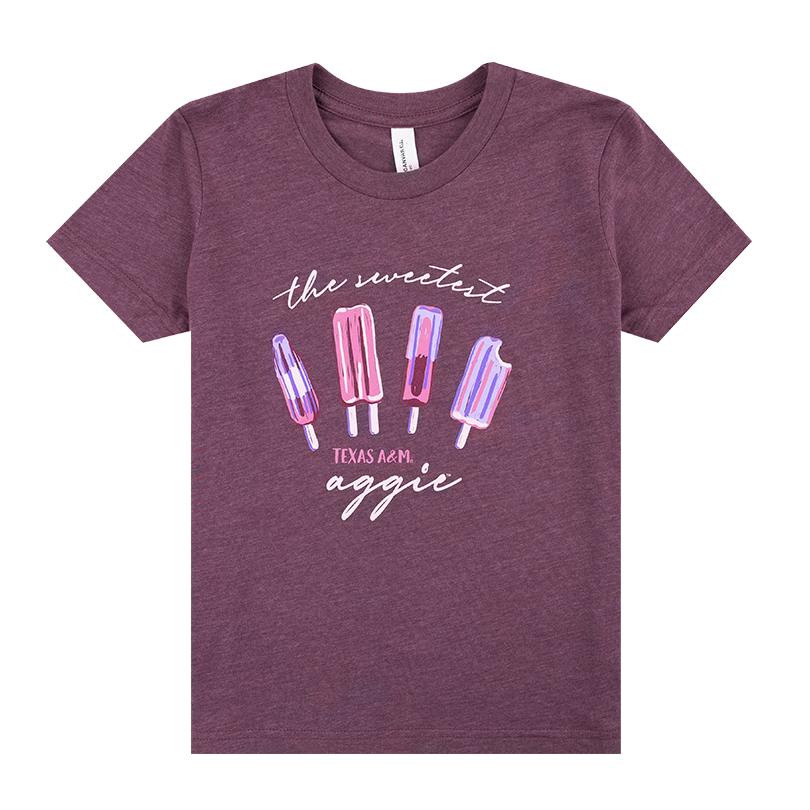 Maroon youth tee with "the sweetest aggie" in cursive white. Graphic of four popsicles on the tee.