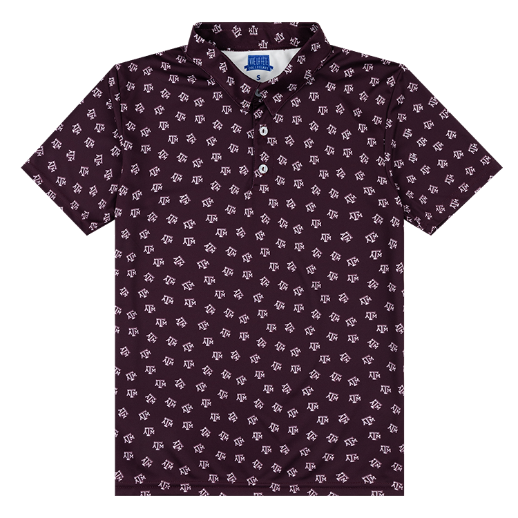 A Maroon youth Texas A&M Performance Polo with logo pattern