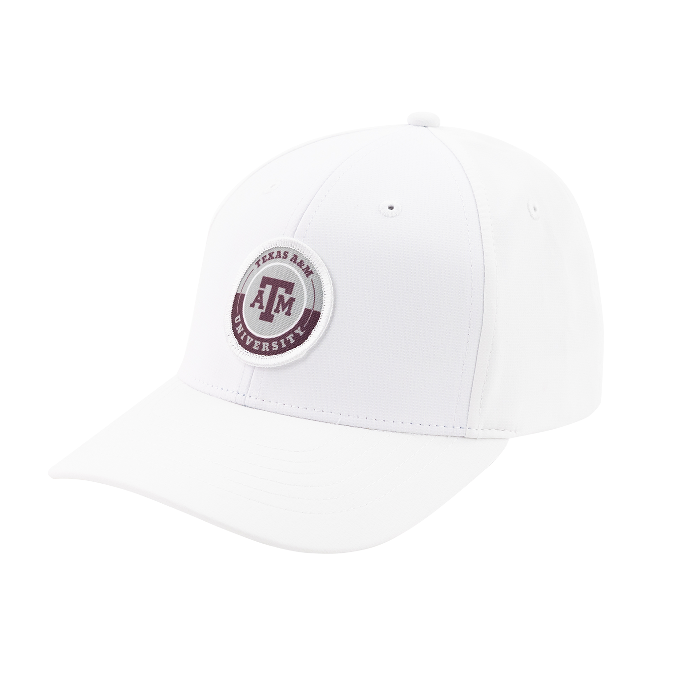 White hat with patch that reads "Texas A&M University" in gray and maroon