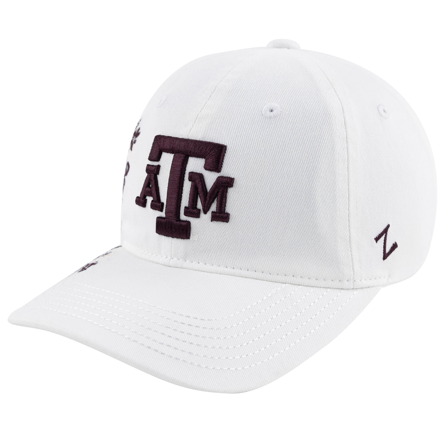 White Texas A&M baseball cap featuring a maroon embroidered ATM logo on the front and a maroon Z logo on the side.