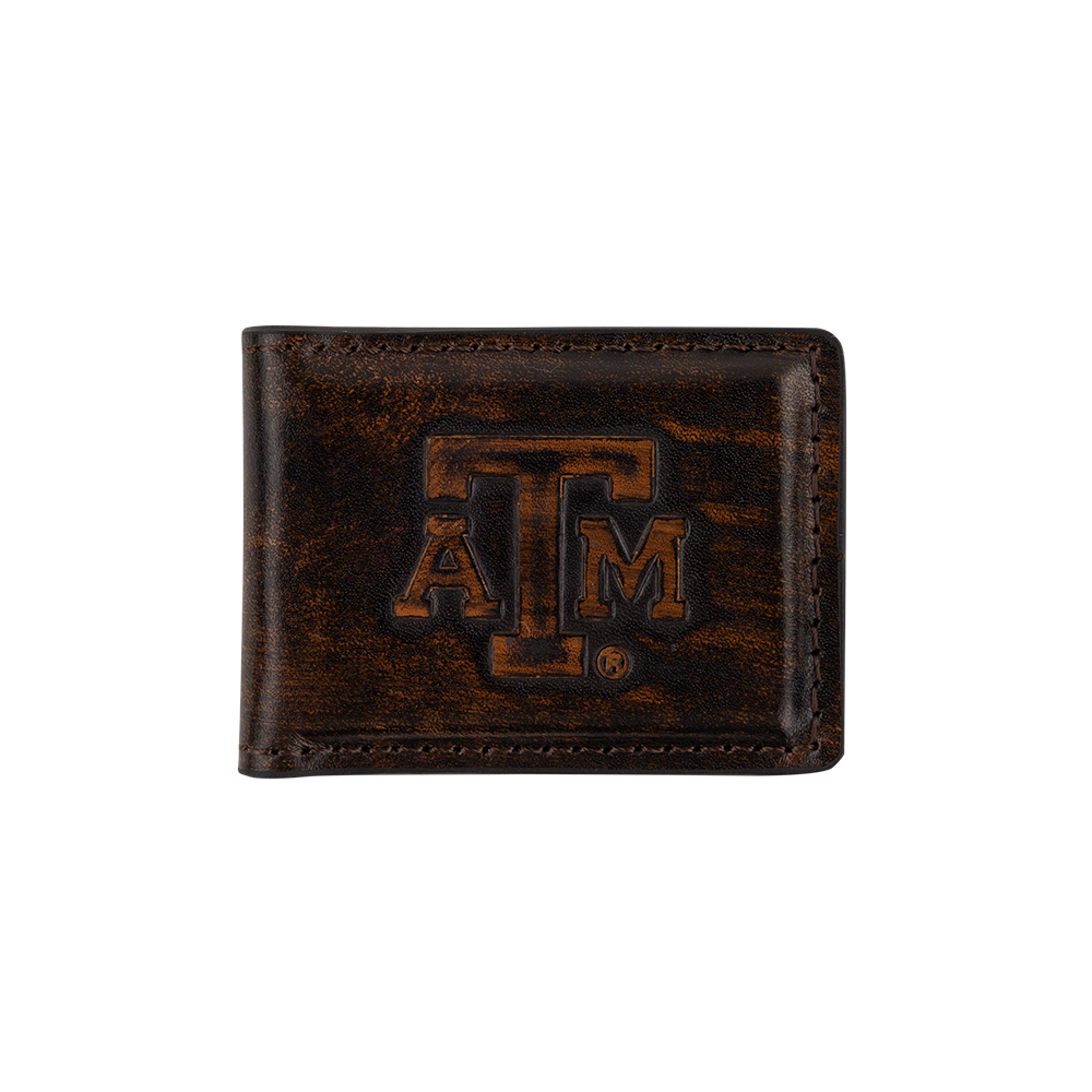 Brown leather money clip with 'ATM' logo