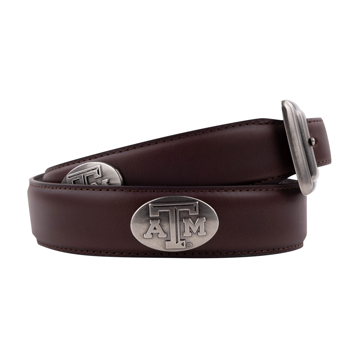 Matte brown belt with silver ATM metal emblems