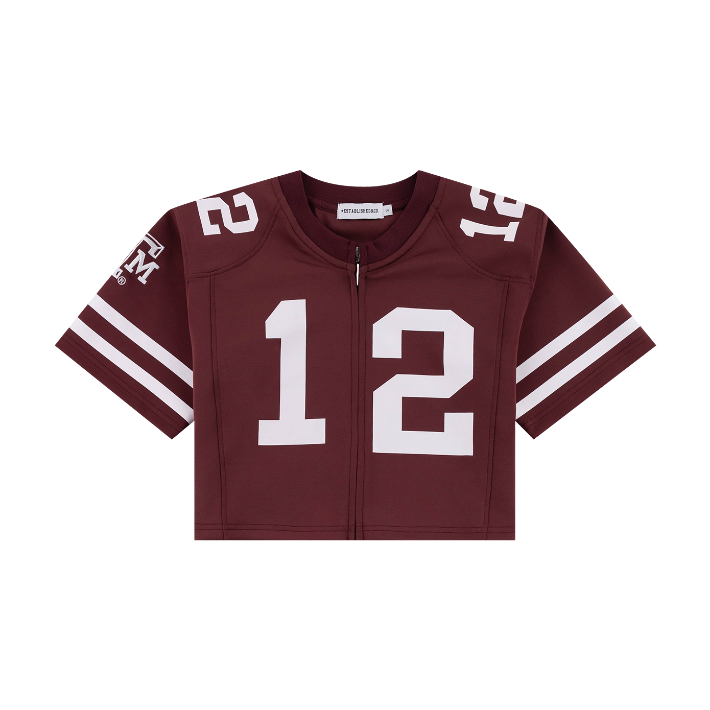 Maroon cropped jersey with zip down the middle. "12" in white on the front, shoulders, and back with "Texas A&M" on the back.