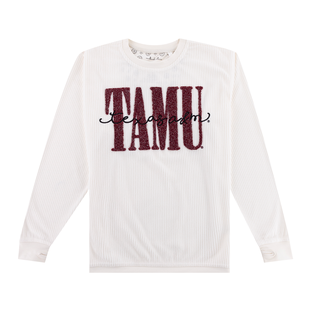 White ribbed sweatshirt with "TAMU" in maroon and "texas a&m" in black