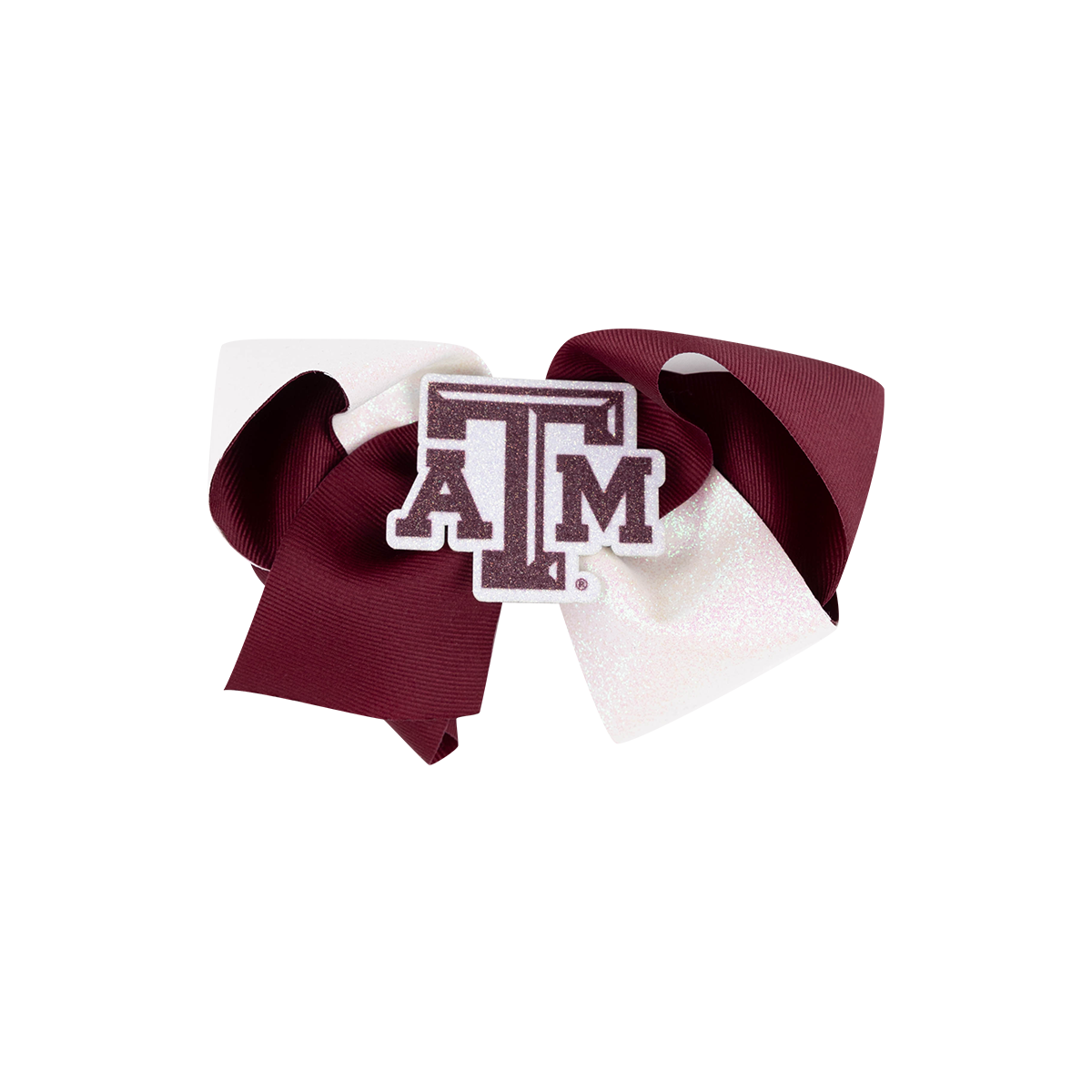 Maroon and white hair bow with 'ATM' logo in the middle