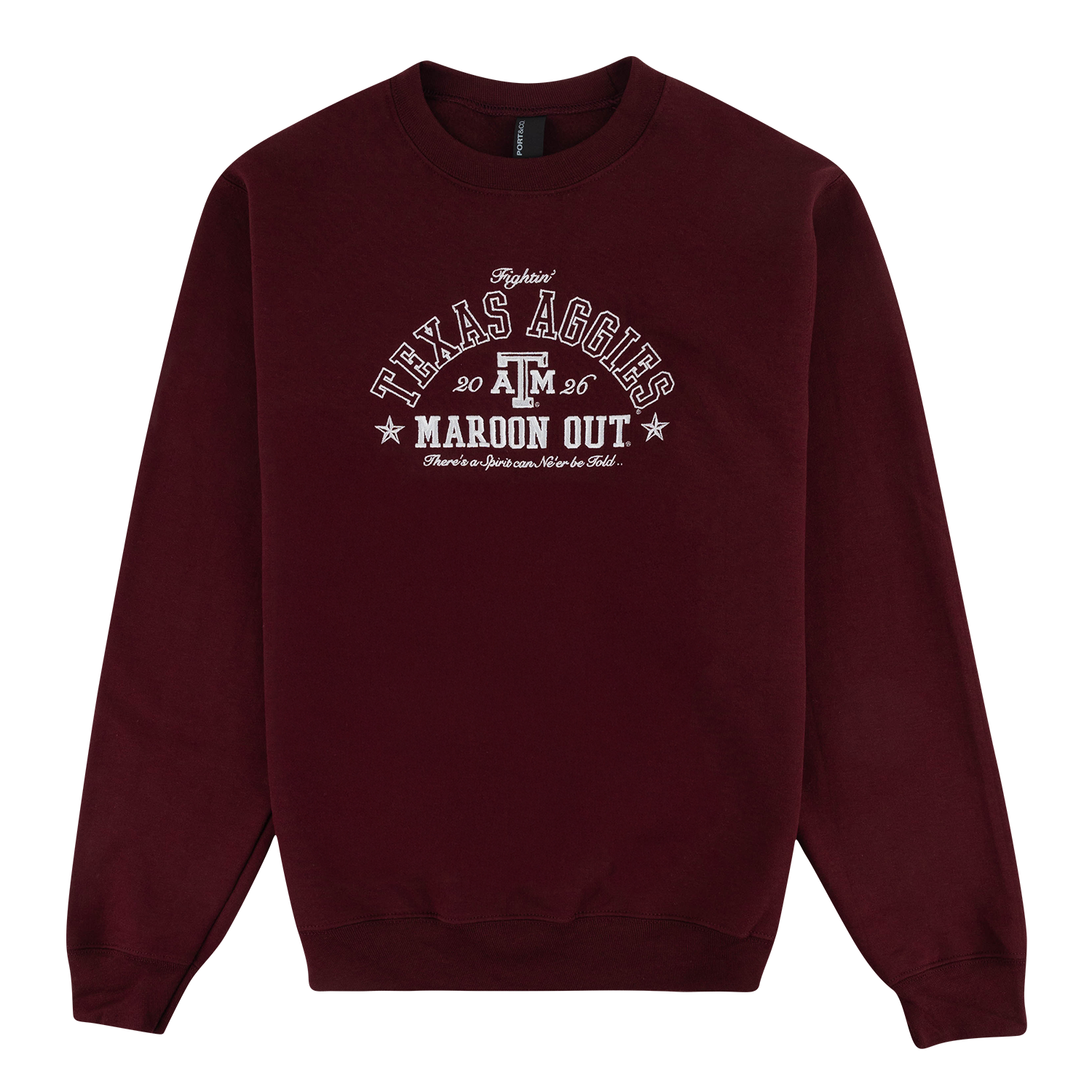 A maroon crewneck sweatshirt with a white embroidered graphic on the chest reading 'Texas Aggies ATM 2026 MAROON OUT' and 'There's a Spirit Can Ne'er be Told.."