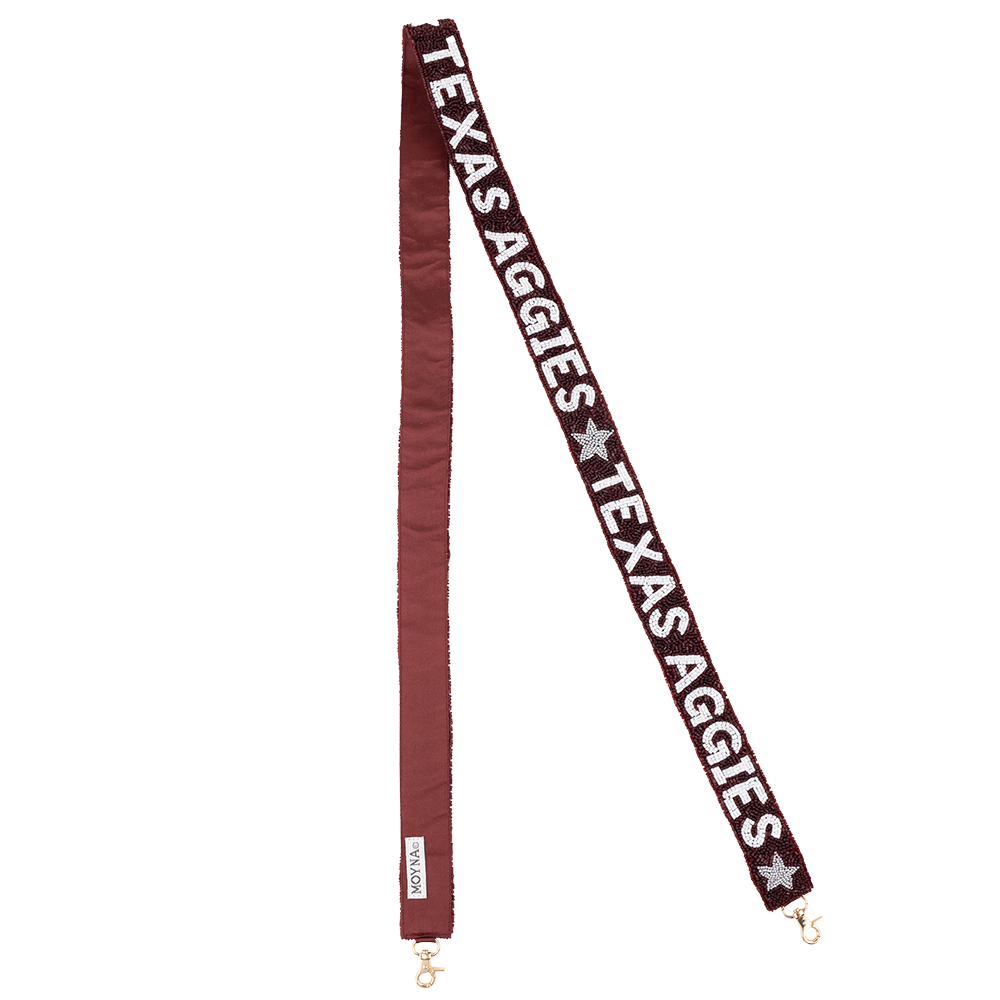 Maroon beaded purse strap with sliver stars and "Texas Aggies" in white beads.