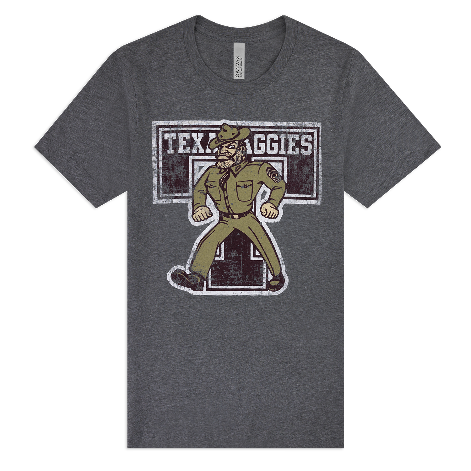 A dark heather gray crewneck t-shirt featuring a distressed graphic of Ole Sarge in front of a large 'TEXAS AGGIES' block logo.