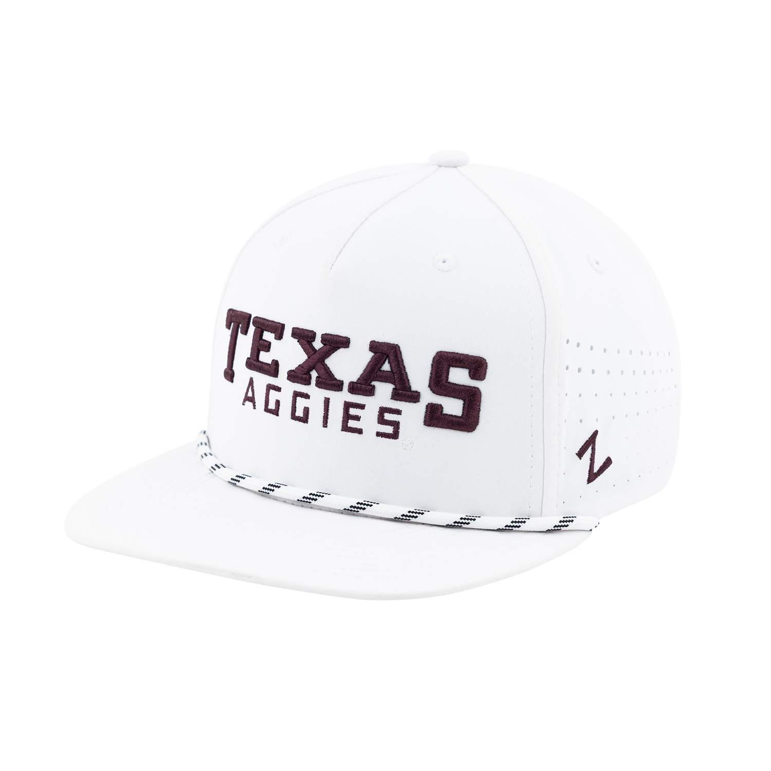 White performance flat brim hat with "Texas Aggies" in maroon