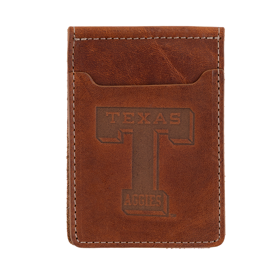 Leather money clip with block T and Texas Aggies