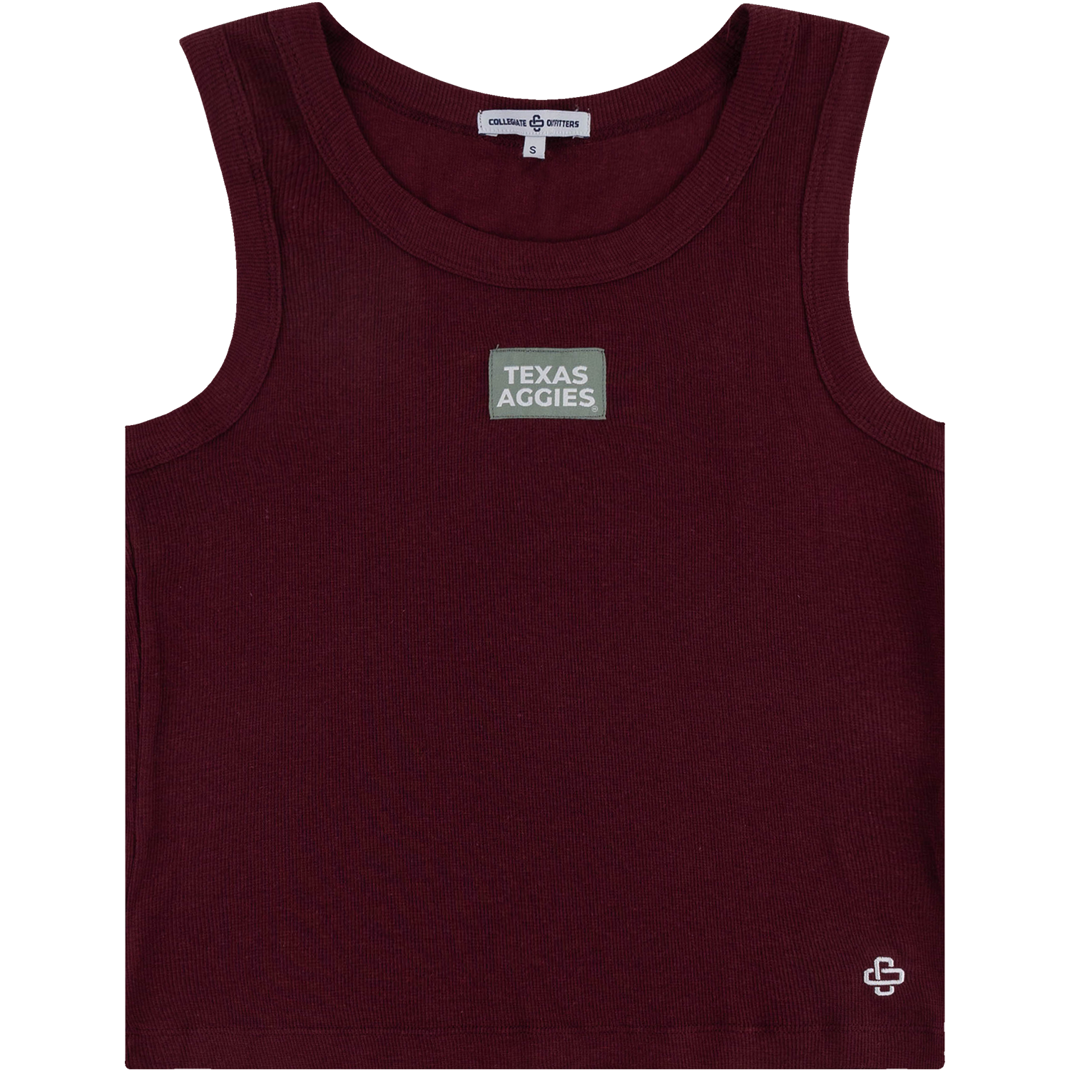 Maroon ribbed tank top with sage green patch in center reading 'TEXAS AGGIES'