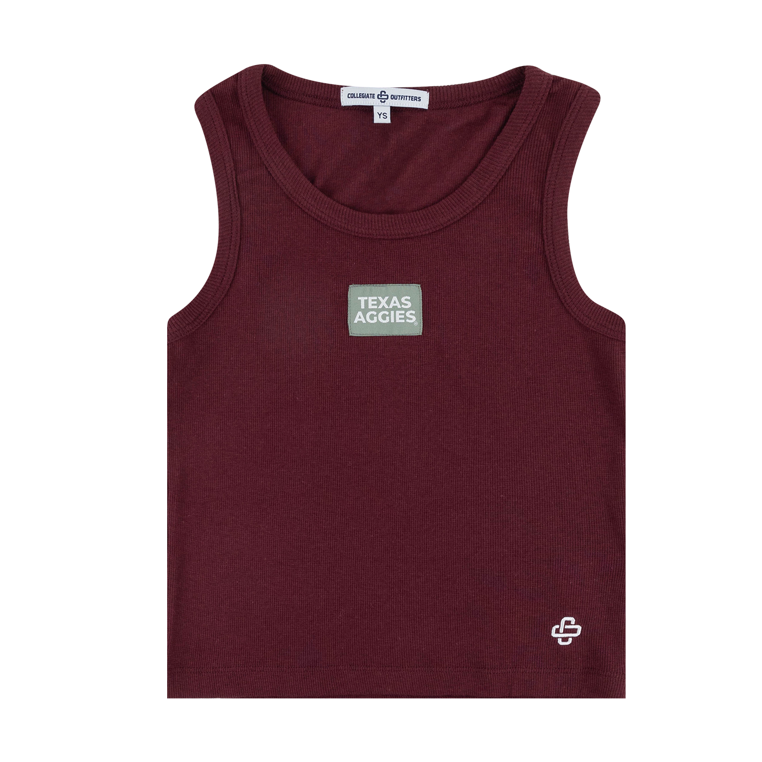 Maroon ribbed youth tank top with a light green rectangular Texas Aggies patch on chest. 