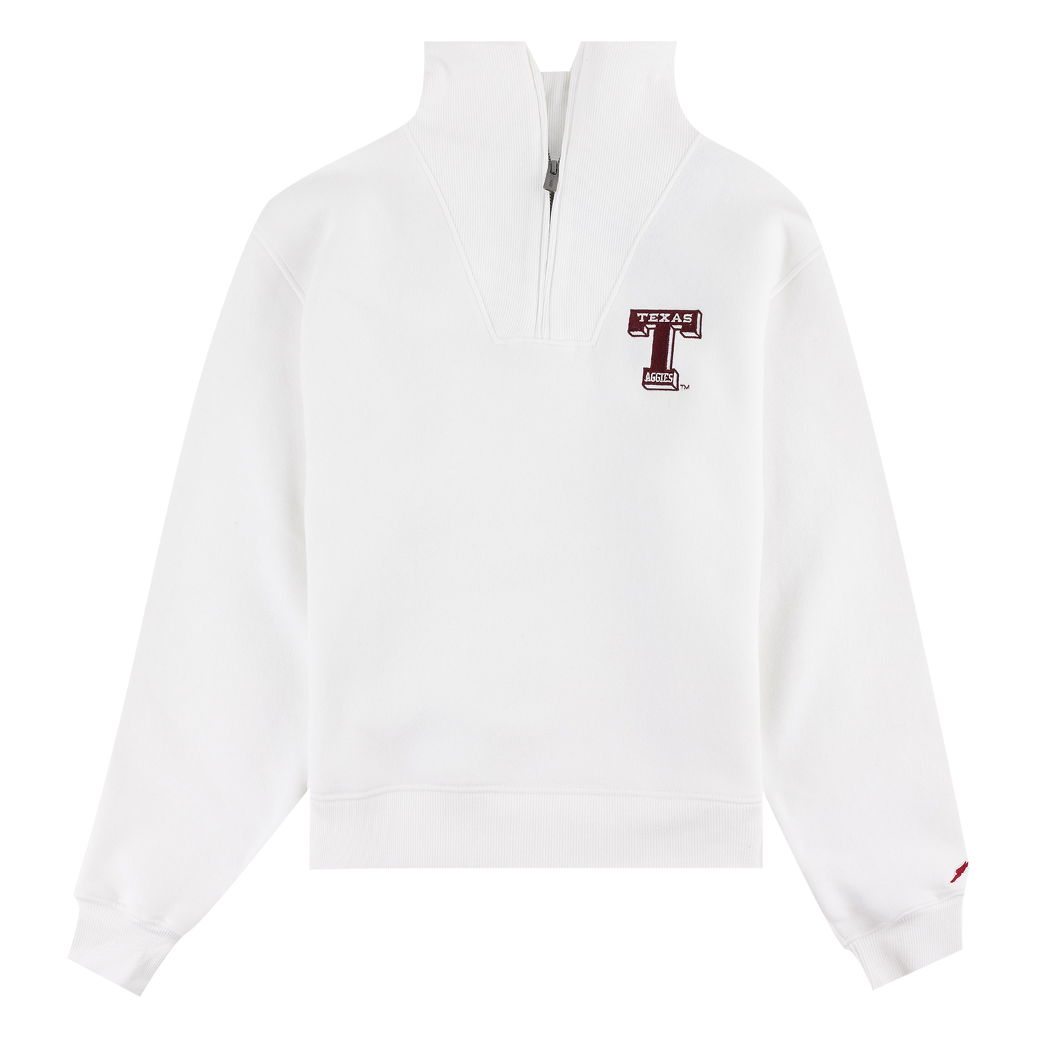 A white long-sleeve quarter-zip sweatshirt with a high mock neck collar. On the left chest is a maroon and white Texas 'T' logo, and there is a small maroon logo on the right sleeve cuff.