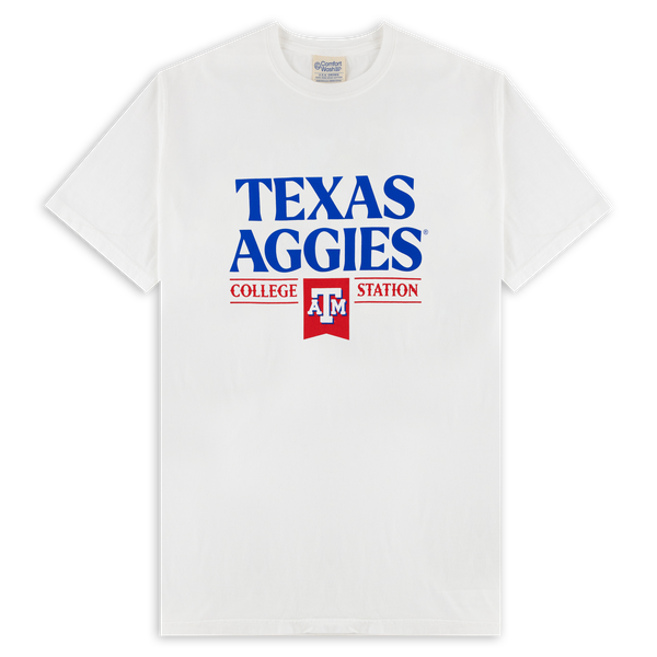 A white t-shirt with red, white, and blue lettering.