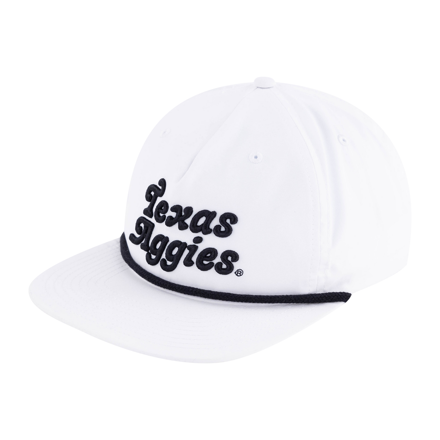 White cap with Texas Aggies in script in black on the front.