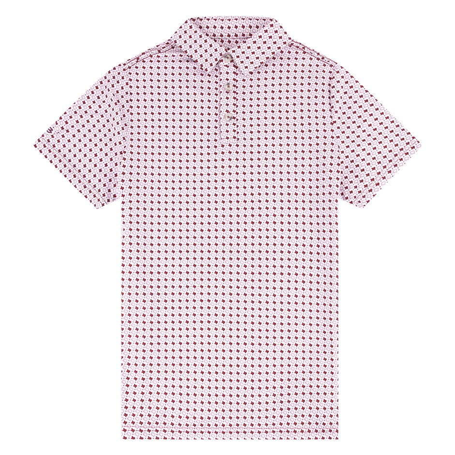 Short-sleeve polo with a maroon and white Texas shaped pattern.