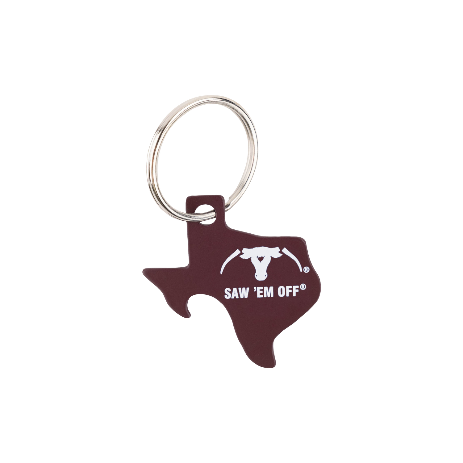 Maroon Lonestar state shaped bottle opener keychain with white Saw 'Em Off logo