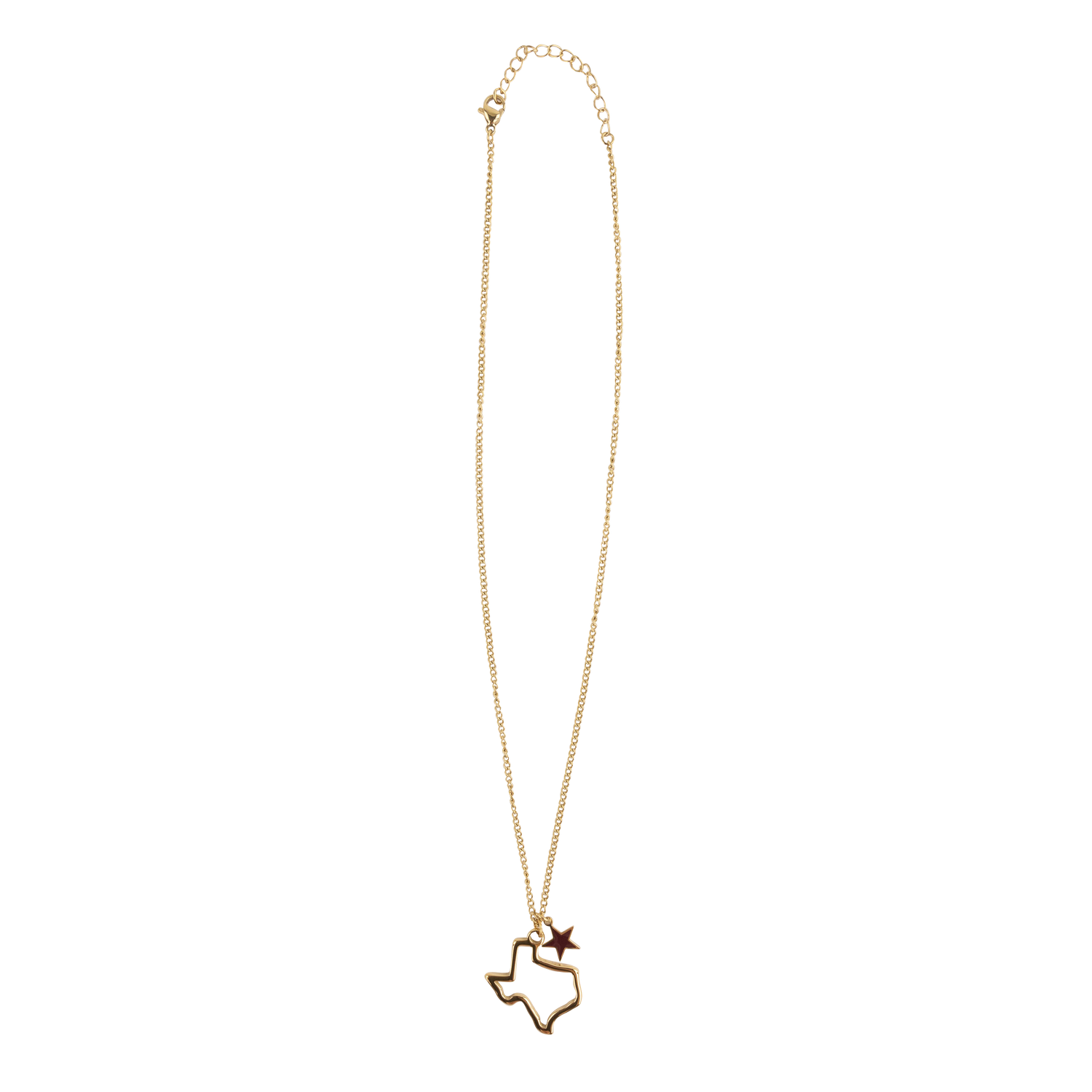 A gold-tone necklace featuring a Texas state outline pendant with a small maroon star accent, displayed against a solid white background.