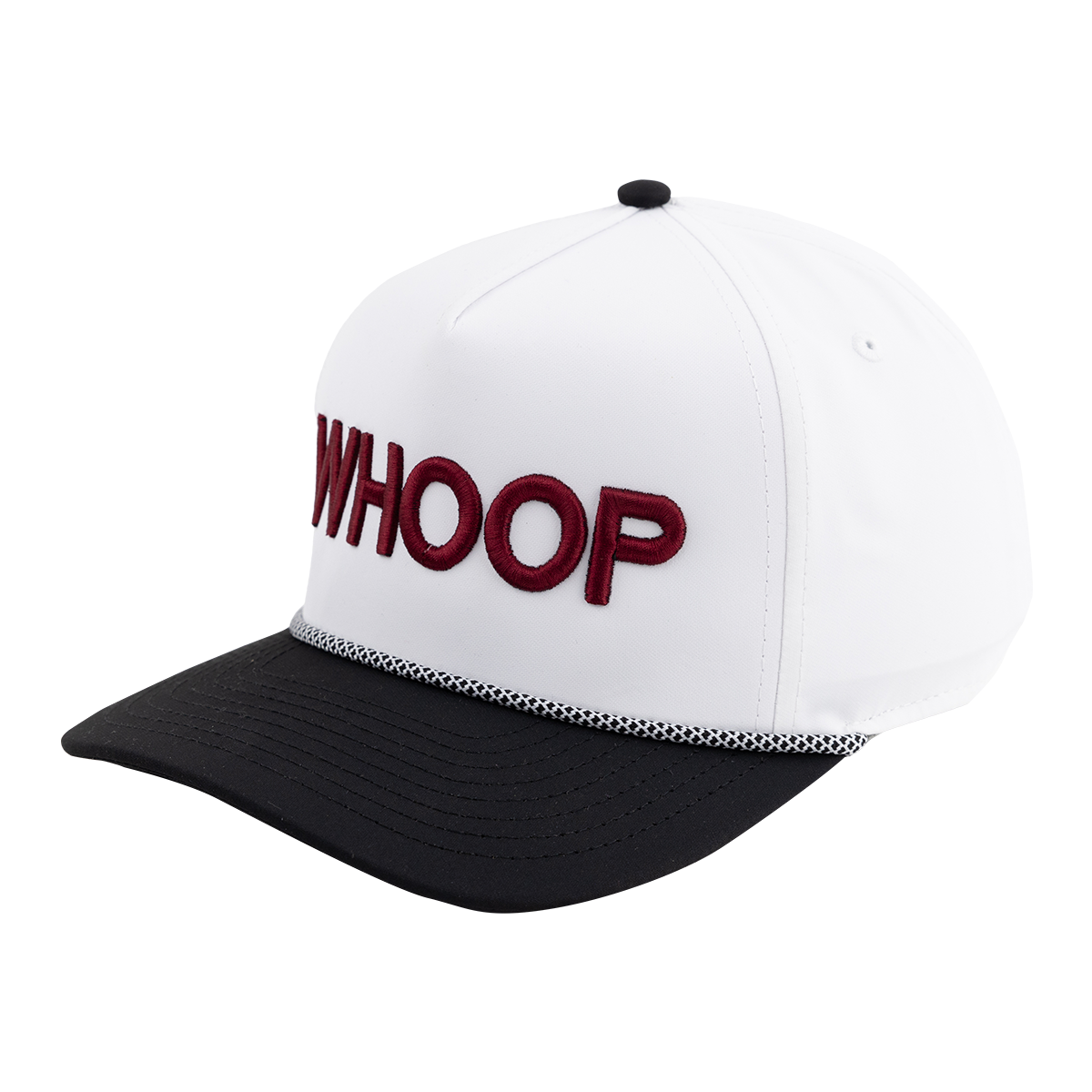 White hat with black brim and black rope. "WHOOP" in maroon on the hat