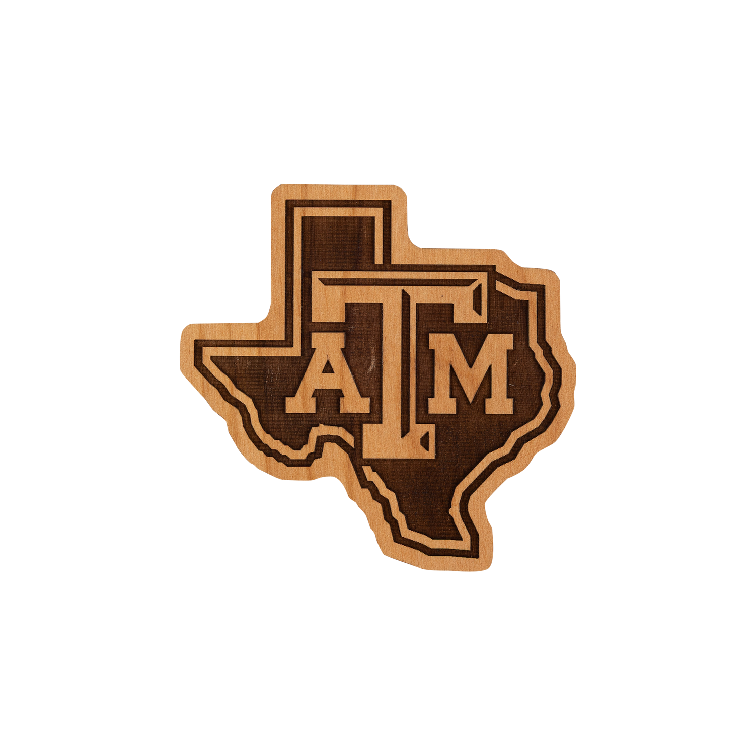 Wooden cutout of Texas in shape with 'ATM' letters 