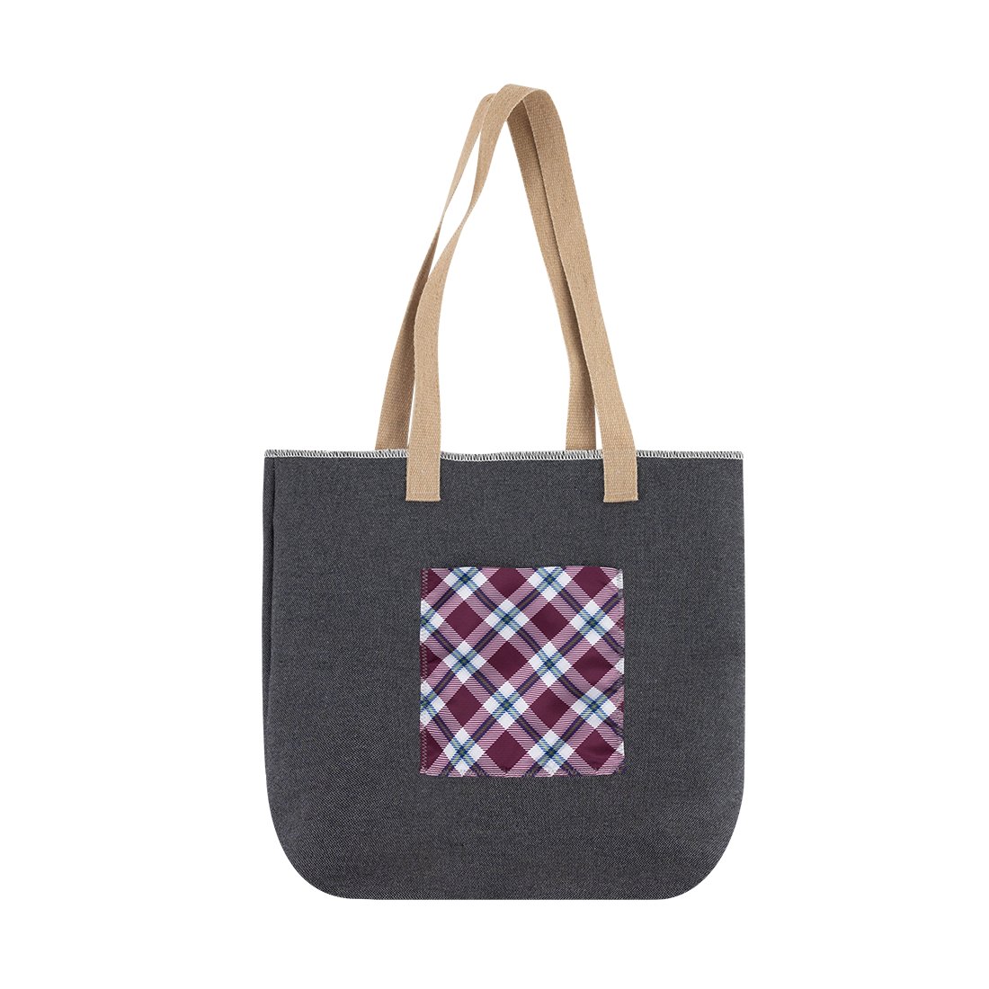 Gray tote bag with plaid pocket and beige handles