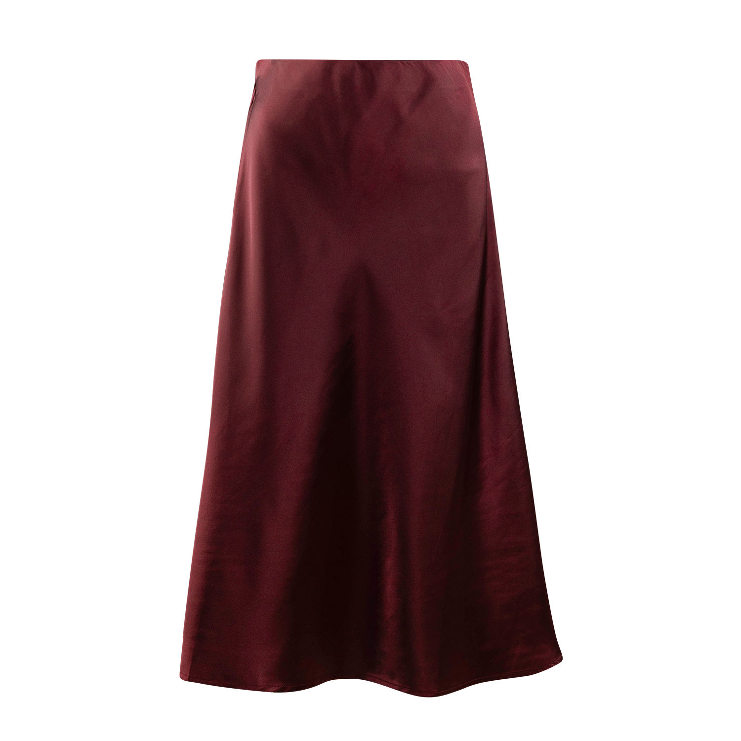 A dark burgundy satin midi skirt with a subtle sheen, shown against a plain white background.