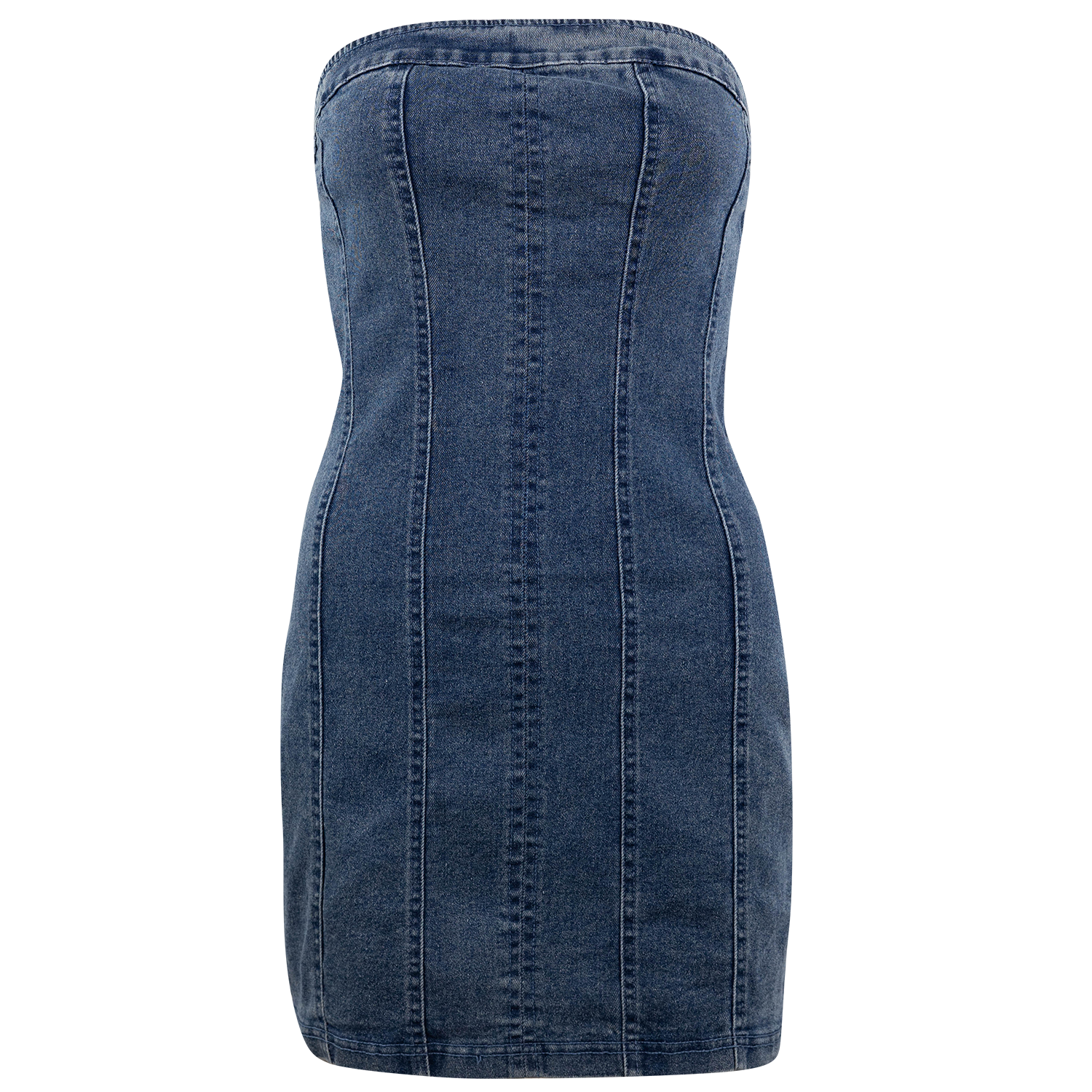 Strapless blue denim mini dress featuring a fitted silhouette, vertical seam detailing, and a structured bodice.