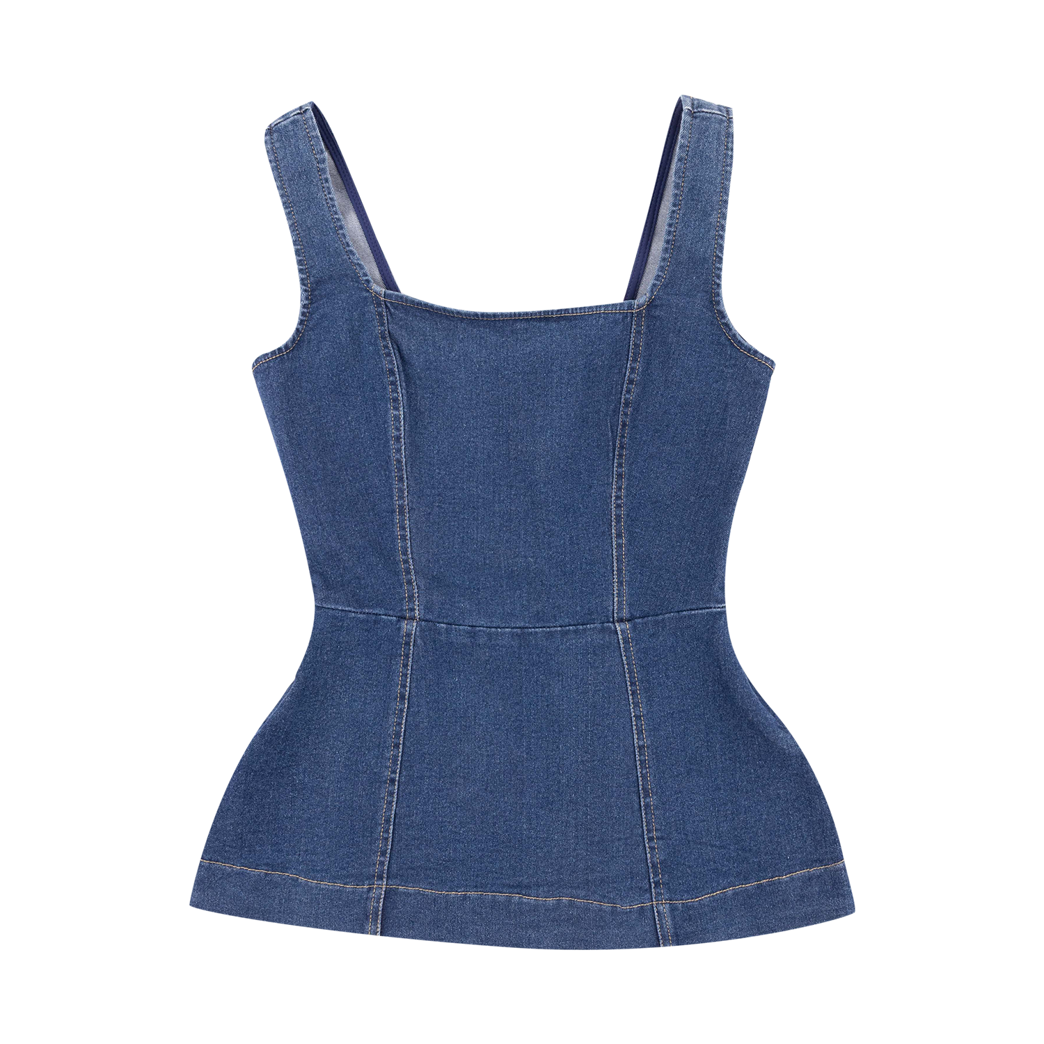 Blue denim dress with thin straps on a white background