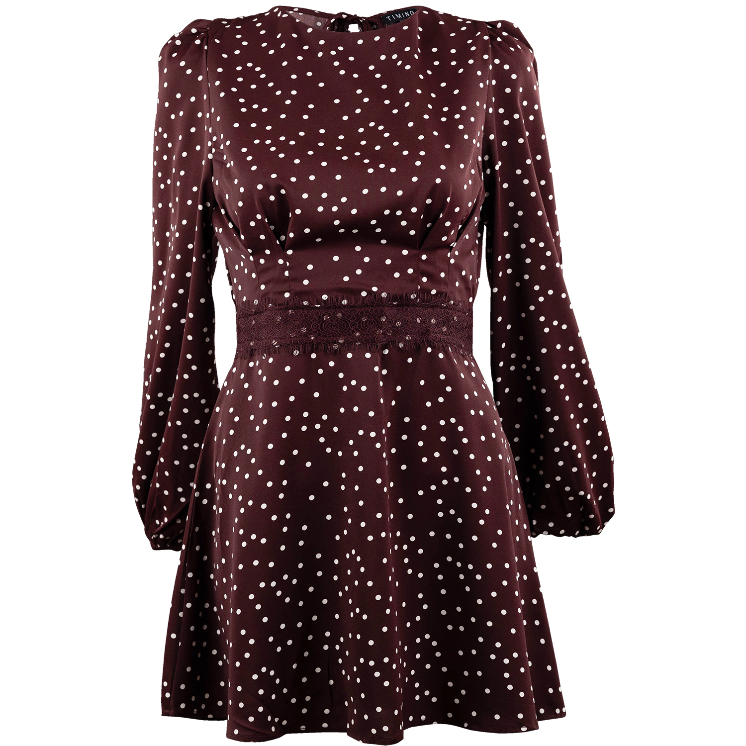 Maroon long-sleeve dress featuring a white polka dot pattern, a high neckline, puff sleeves, a fitted lace waist, and a flared skirt.
