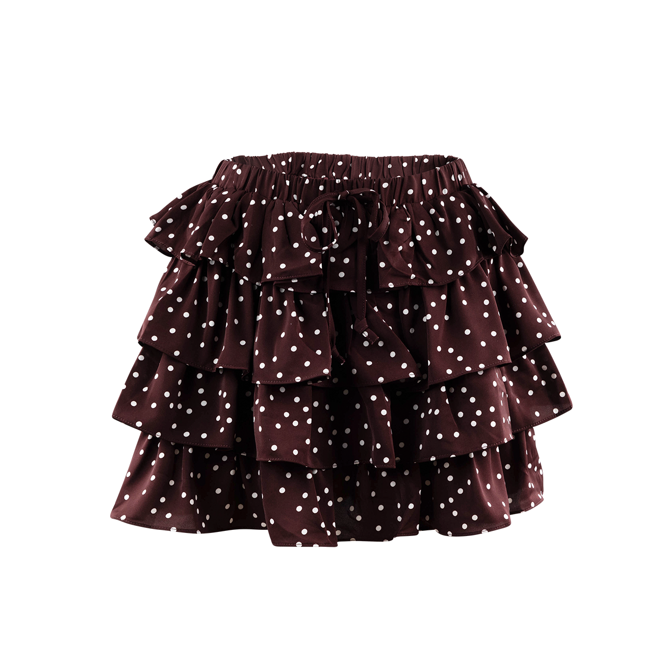 A maroon ruffled tiered skirt with white polka dots, featuring a matching fabric bow at the waistband, shown against a plain white background.