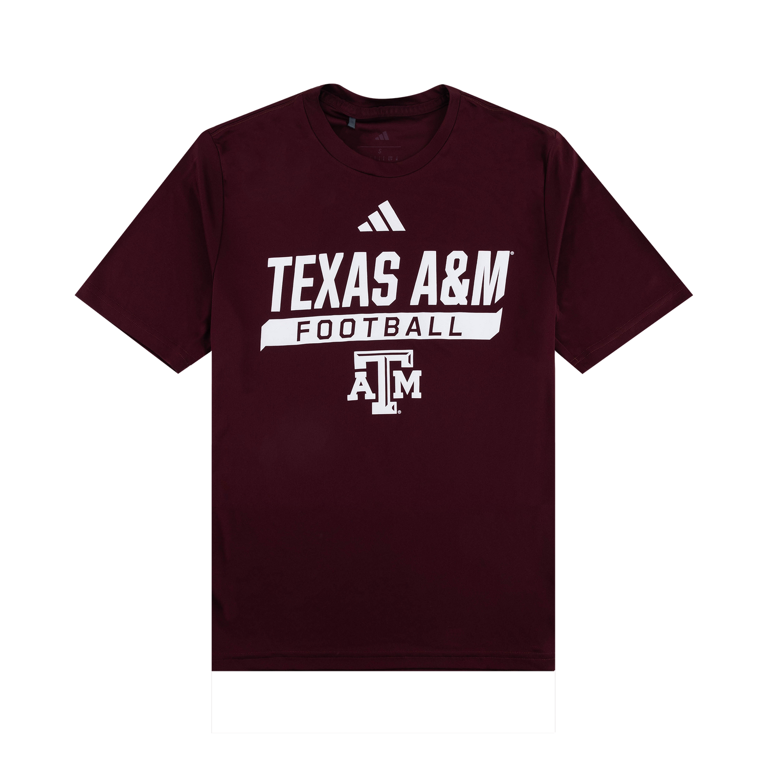A maroon short-sleeve t-shirt featuring white graphics on the front, including an Adidas logo above "TEXAS A&M", a banner reading "FOOTBALL", and the Texas A&M "ATM" logo.   