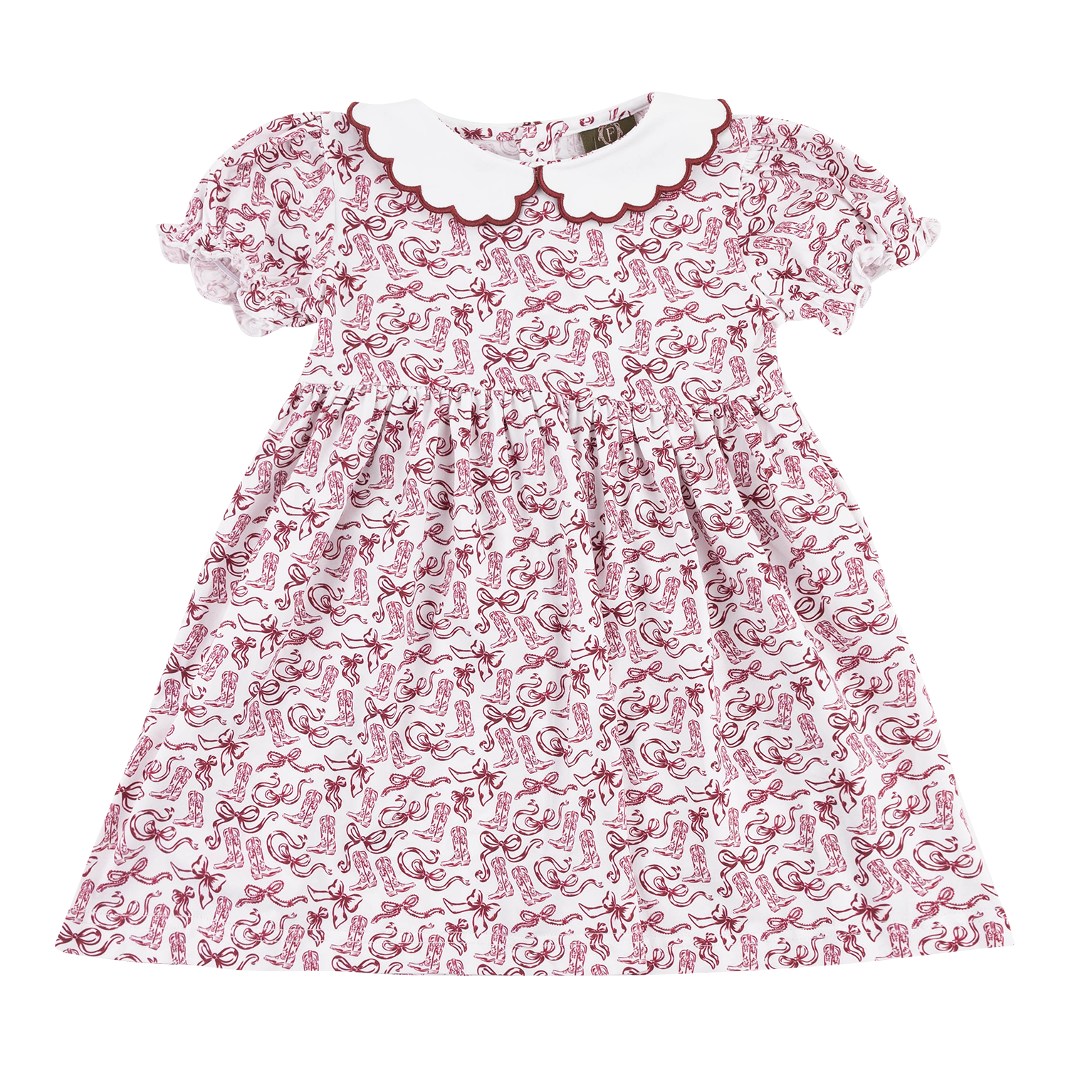 White girls' dress featuring an allover maroon Texas A&M-inspired print with bows and decorative motifs, a scalloped Peter Pan collar, short puff sleeves with ruffled cuffs, and a gathered waist.