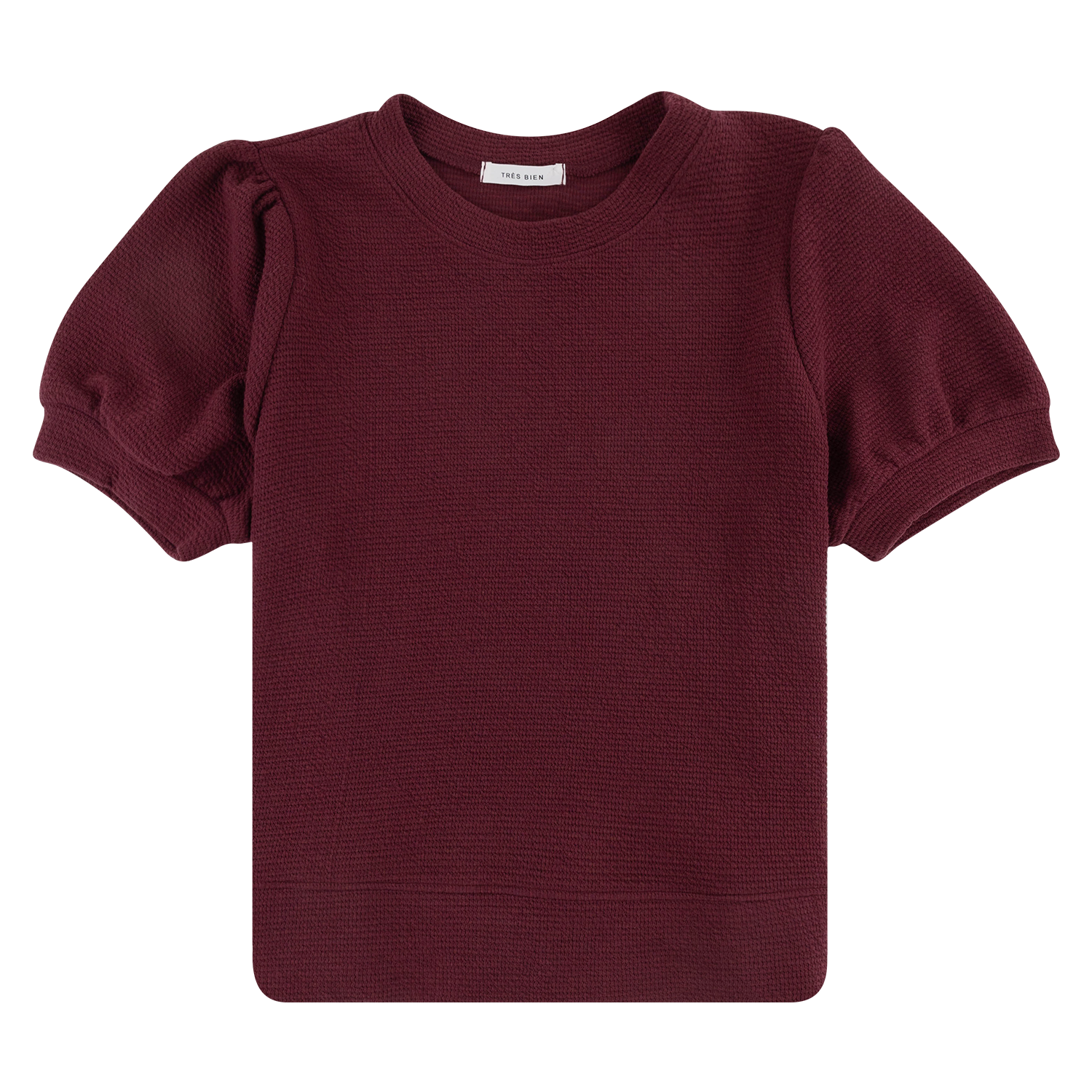A short-sleeve crewneck knit top in deep burgundy, featuring puffed sleeves and a textured waffle knit pattern, shown flat on a white background.