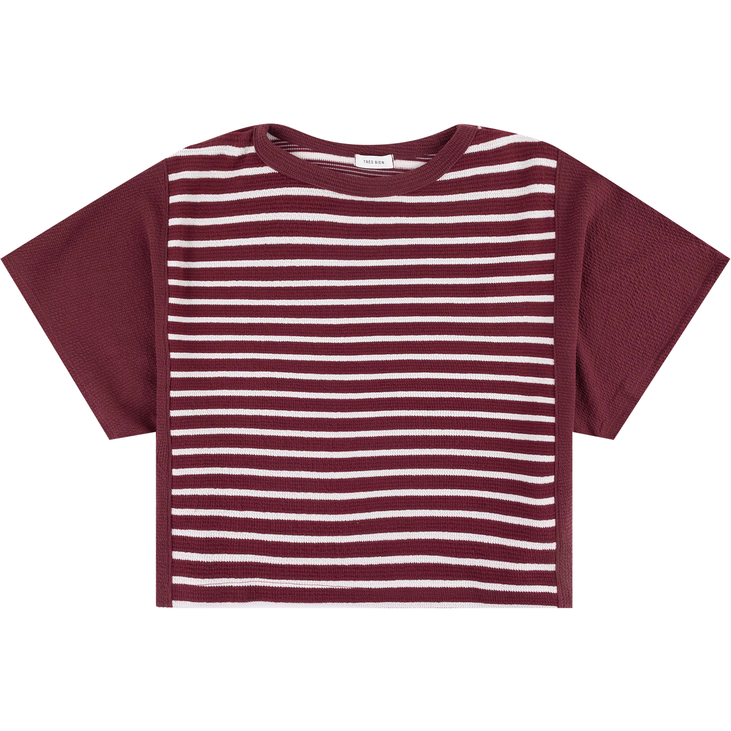 Boxy crop knitted short sleeve top with a maroon and white striped front panel, solid burgundy sleeves and side panels, crew neckline, and short sleeves.