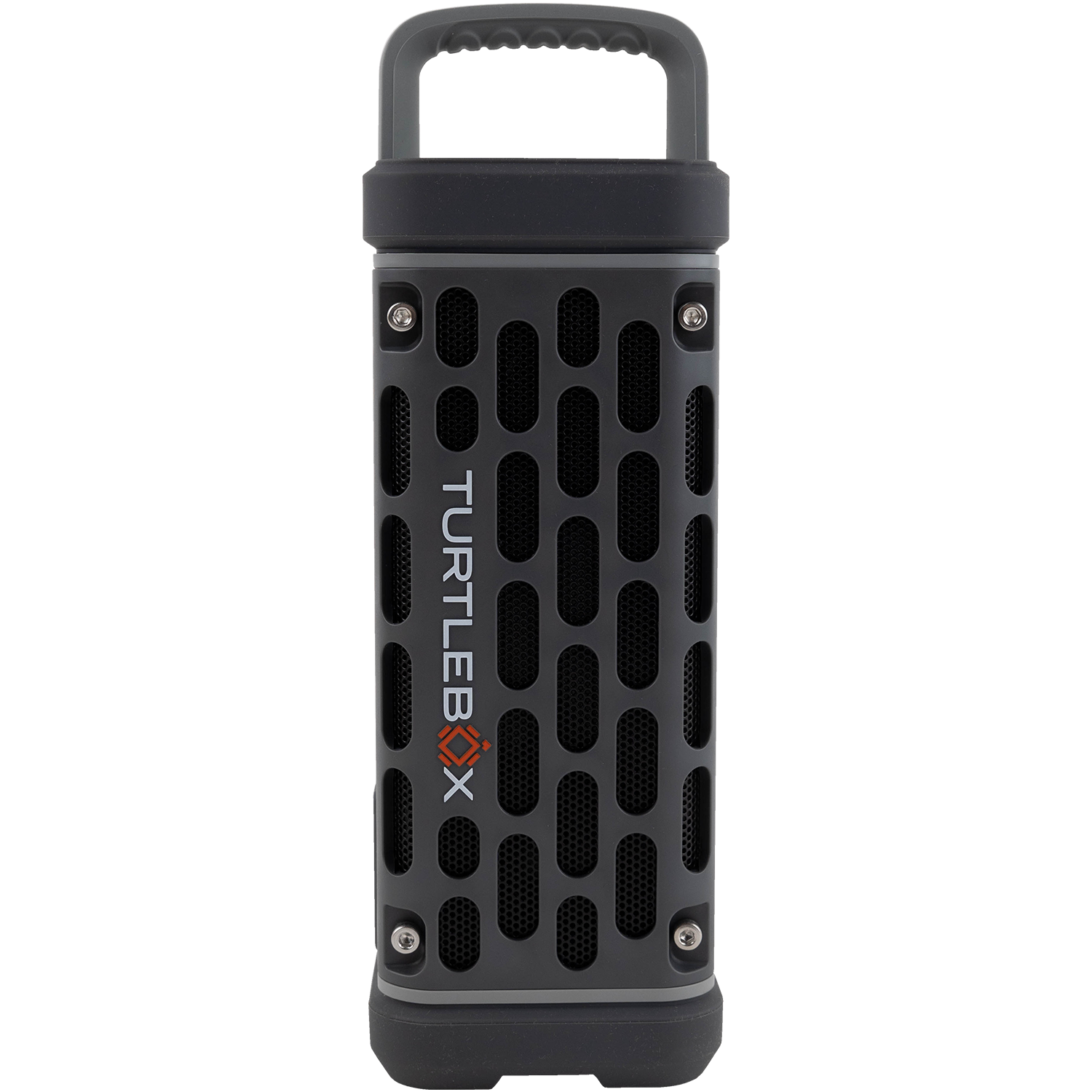 Dark gray and black Turtlebox speaker.