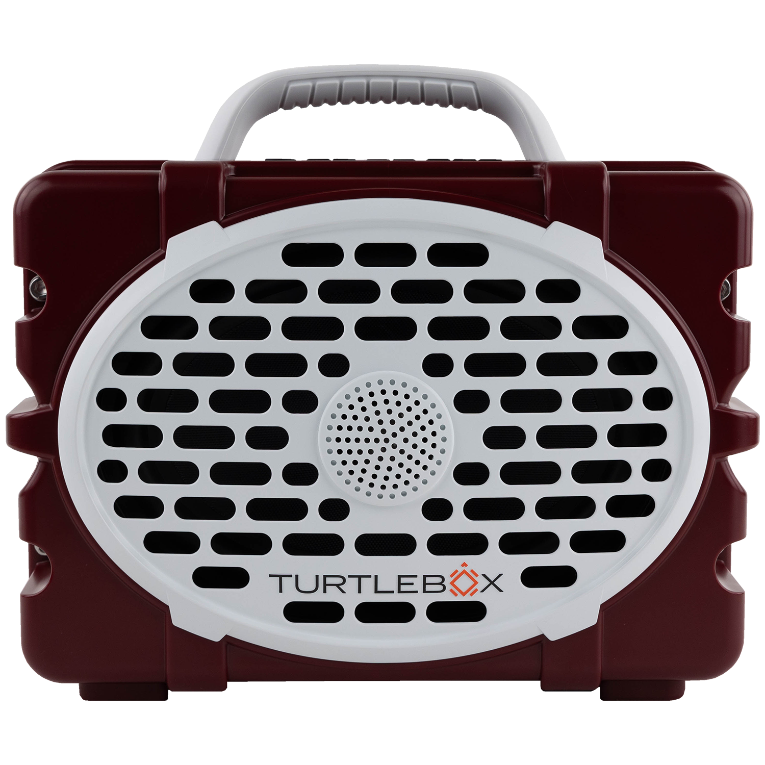 A rugged portable speaker by Turtlebox, featuring a dark maroon body, a white front grille with a central speaker mesh, and a white carrying handle on top, shown against a plain white background.