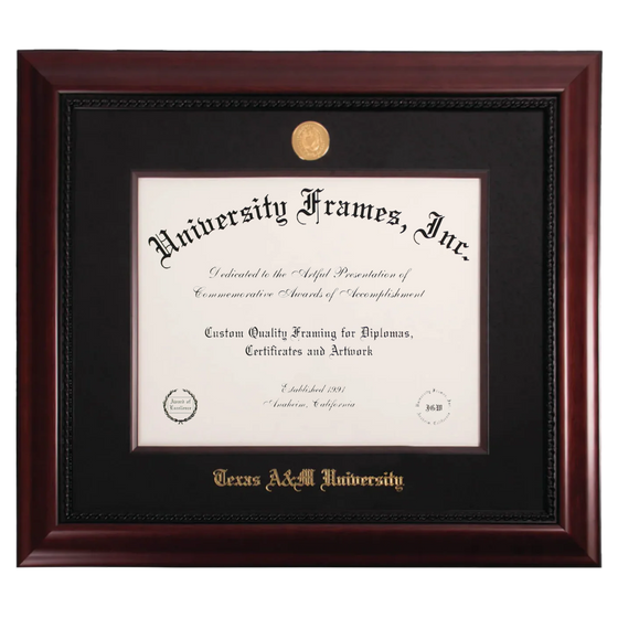 Diploma frame with 'University Frames, Inc.' label and 'Texas A&M University' text.
