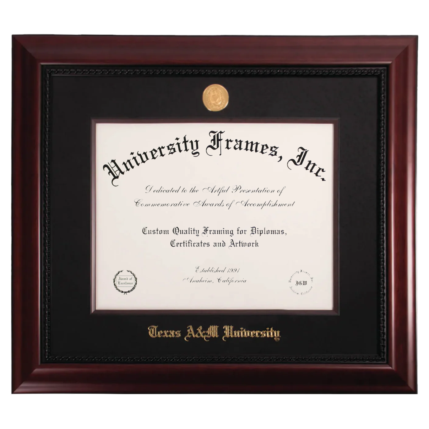 Diploma frame with 'University Frames, Inc.' label and 'Texas A&M University' text.